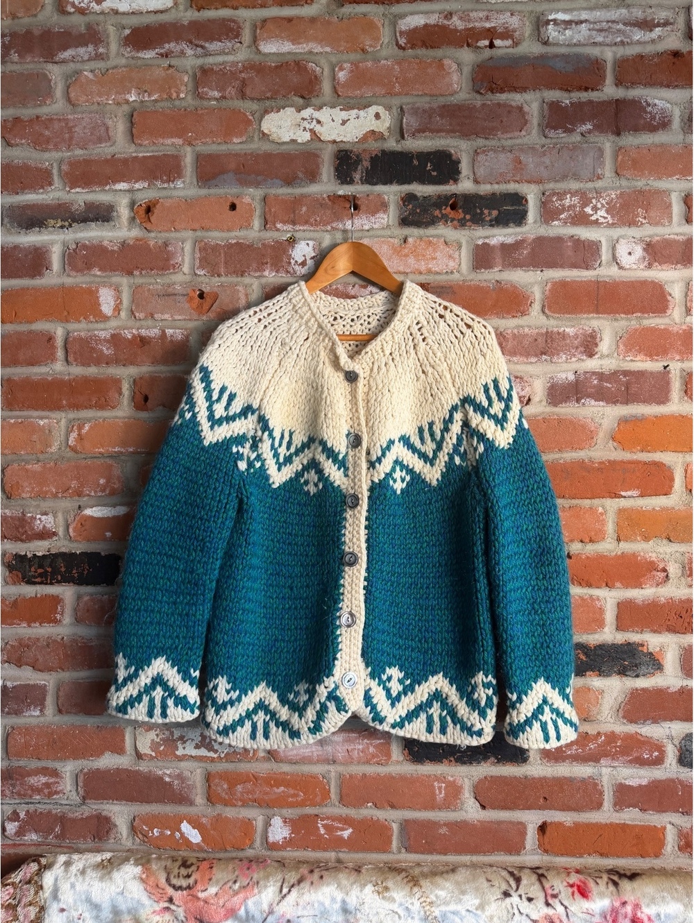 Hand Knit Chunky Wool Cardigan Sweater with Nordic Pattern